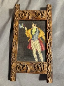 Antique Deep Relief Carved Floral Pattern Wooden Frame w/ needlework matador - Picture 1 of 13