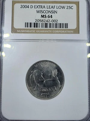 2004-D Wisconsin State Quarter Extra Leaf Low Leaf Variety NGC MS-64 - Image 1 of 4
