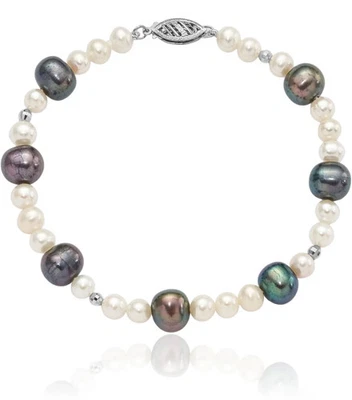 Pulseira de corrente de contas de ouro branco sólido 14K redonda preta cultivada em água doce - Imagem 1 de 4