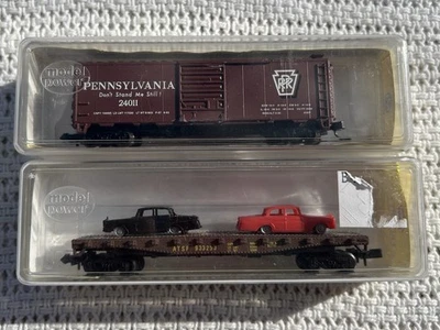 Two Model Power N Freight Cars - 50’ Flatcar & PRR Boxcar - (NICE BOXED) - Image 1 of 2