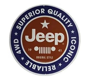 JEEP ROUND TIN SIGN WRANGLER TJ YJ JK JAMBOREE 4 X 4 ONLY IN A JEEP ADVERTISING - Picture 1 of 1