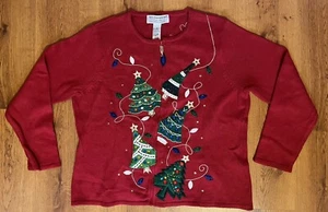 Vintage Christmas Sweater Tiara International Tree Light Beaded Zip Up Women’s L - Picture 1 of 7