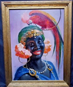 Pintura al óleo cultural retrato excepcional niña pájaro exótico Art Deco 1928 - Imagen 1 de 16