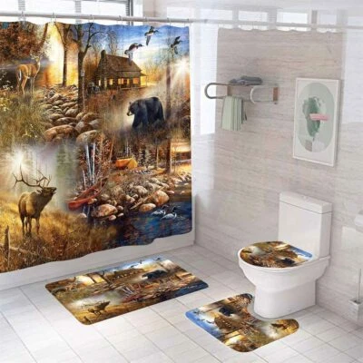 Alfombra de cortina de ducha de baño de alce y oso 4 piezas antideslizante tapa de inodoro alfombra baño Foto 1 de 4