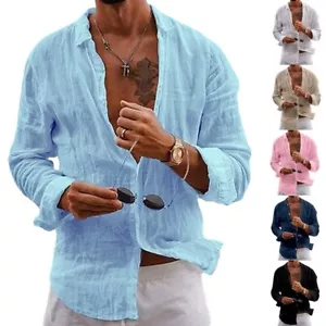 Herren Langarm Hemd Business Umlegekragen Leinenhemd Freizeithemd Shirt Sommer - Bild 1 von 15