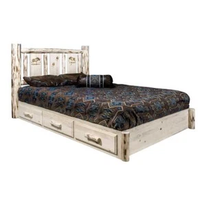 Montana Woodworks Pine Wood Queen Platform Bed with Engraved Design in Natural - Picture 1 of 7