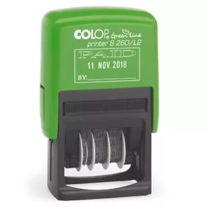 More details for colop green line s260/l2 self inking word and date stamp paid 24x45mm blue/red i