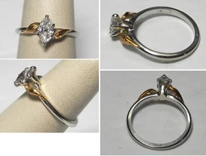 V276 Estate Solid 18K WG & YG Marquise Solitaire Diamond Engagement Ring Sz 6.25 - Picture 1 of 1