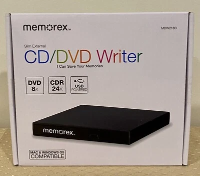 Memorex MDW218B Slim External CD/DVD Writer DVD 8X CDR 24X USB Powered Burner - Image 1 of 4