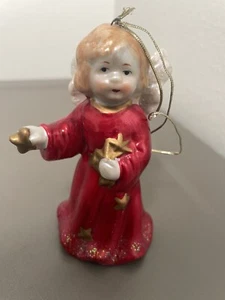 Vintage Blonde Angel Bell Ornament Red Gold Stars Ceramic VGC - Picture 1 of 10