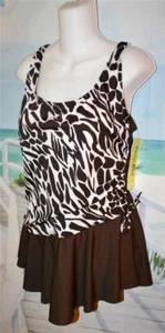SEXY TRENDY ASYMMETRICAL SIDE SKIRT BATHING SUIT 24 24W HIP SLIMMING BROWN WHITE - Picture 1 of 8