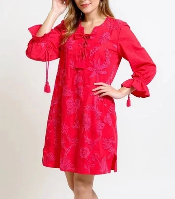 Nuevo sin etiquetas Vestido Johnny Was Ramie Bordado Volantes Rojo Luciana Corbata Manga Frontal S Foto 1 de 4