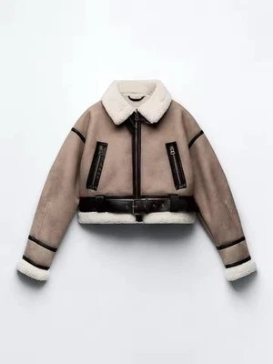 Satin&Noir Women’s Shearling Aviator Jacket Beige Faux Suede Winter Coat  - Image 1 of 4