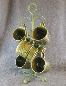 Vintage Japan Avocado grün Stapeltassen + Metall Baumständer 6 Kaffeetassen Diamant. - Bild 1 von 18