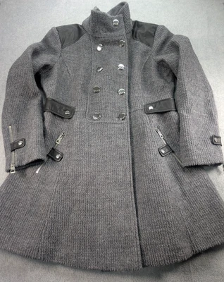 Casaco feminino Guess duplo peito cinza mistura de lã com detalhes em couro sintético - Imagem 1 de 4