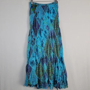 Solitaire floral patchwork maxi skirt sz S blue multi boho hippie artsy festival - Picture 1 of 7