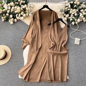 2 Piece Casual Knitted Sweater Outfits V-neck Dress Long Cardigan Coat Suit Soft