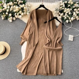 2 Piece Knitted Sweater Outfits V-neck Dress Long Cardigan Coat Suit Casual Soft - Picture 1 of 25