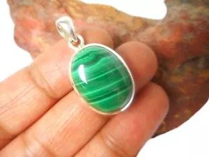 Ciondolo Pietra Preziosa Argento Sterling 925 Verde Ovale Malachite - Confezione Regalo - Foto 1 di 5