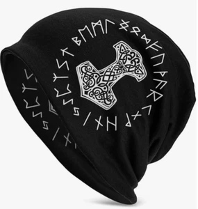 Wikinger Mjolnir & Runenrad nordische Mythologie Symbol Winter Beanie Mütze neu - Bild 1 von 5