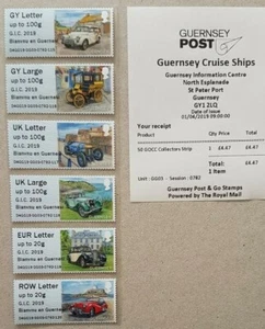 GUERNSEY- GG03 - OLD CAR CLUB STAMP STRIPS WITH 'BIANVNU EN GUERNESI' O/P - FDI - Picture 1 of 2