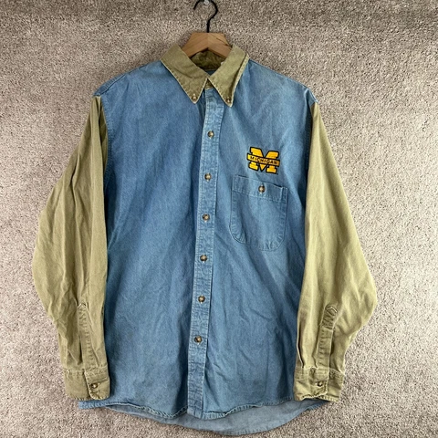 VINTAGE Michigan Wolverines Shirt Mens Large Denim Button Up 90s Retro Logo USA Cover