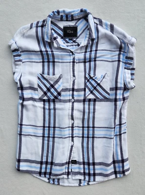 women's RAILS flannel button up Sleeveless Plaid shirt white blues Rayon size S - Image 1 of 4