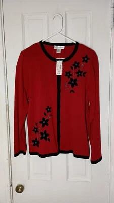 Ladies Cardigan Christmas Sweater Velvet Trim Bead Work Dressbarn Women’s M C1 - Image 1 of 4