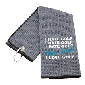 PERSONALISED GOLF TOWEL EMBROIDERED GOLF PHRASE NICE SHOT GIFT FOR GOLFER - Picture 1 of 28