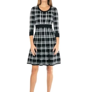 Nina Leonard Karo U-Ausschnitt Jacquard Strick Pullover Kleid schwarz weiß kariert XL - Bild 1 von 19