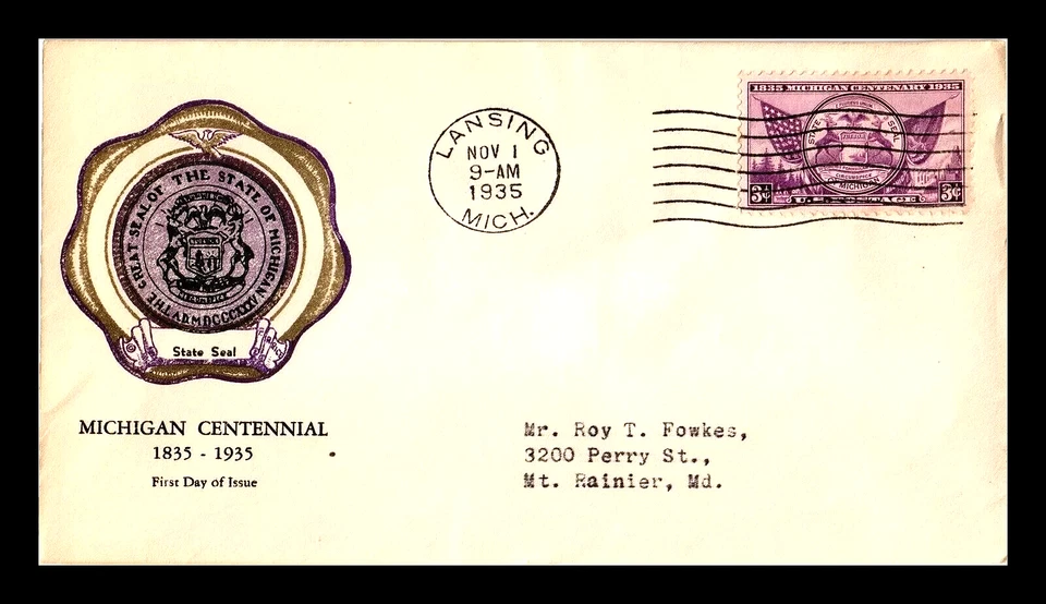 775 3c Stamp (1935) MICHIGAN CENTENARY FDC FROM RICE CACHETS - PLANTY 775 - 11 - Image 1 of 1