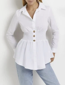 RIVER ISLAND White Button Detail Shirred Peplum Shirt Blouse - Size 16 - NEW - Picture 1 of 10