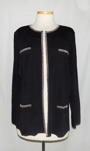 Misook Damen Cardigan schwarz gestrickt mit verziertem goldfarbenem Borte offen vorne 1X - Bild 1 von 8