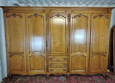 Vintage Solid Oak Louis XV Style French Armoire 5 Door Wardrobe & Drawers • 1251.76£