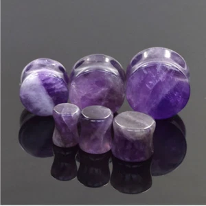 2 Pcs Flesh Tunnels Organic Natural Amethyst Purple Stone Ear Gauges Stretcher - Picture 1 of 5