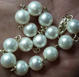 Pearl Link Bracelet 7.5" Long 14K Yellow Gold Clasp - Picture 1 of 9