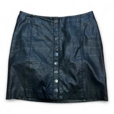 Minifalda Free People Botón Frontal Imitación Cuero Negra Moto Boho Chic Talla 4 Foto 1 de 4