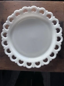 VTG Anchor Hocking White Milk Glass Open Heart Lace 13 Inch Cake Plate - Picture 1 of 14