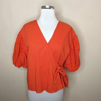Camisa envolvente Marc New York talla pequeña ojales mangas abullonadas naranja algodón blusa Foto 1 de 4