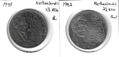 WORLD COINS - NETHERLANDS - 1991 & 1992 2-1/2 ECU PROOFLIKE UNCIRCULATED COINS - Image 1 of 2