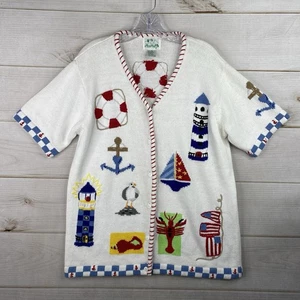 Vintage Quaker Factory Sweater Women M White Sailboats Nautical Beach 90s Y2K - Picture 1 of 10