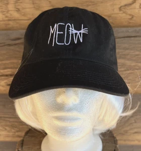 Meow Cat Whiskers Hat Black Embroidered White Adjustable Strapback Cotton Cap - Picture 1 of 8