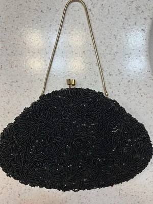 VINTAGE LA REGALE Black Beaded Clutch Formal Evening Purse Allover Gatsby Retro - Image 1 of 4