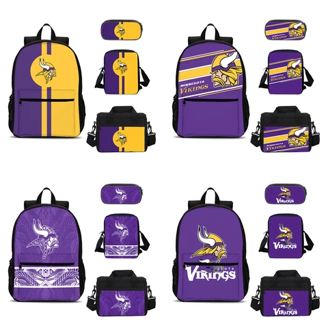 Minnesota Vikings School 4PCS Backpacks Set Pen Bag Crossbody Bag Lunch Bag Lot Cover