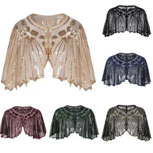 Women's Evening Cape 1920s Shawl Beaded Sequins Decor Bolero Flapper Cover up - Picture 1 of 37
