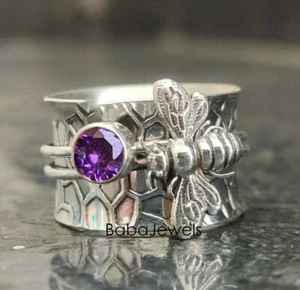 Amethyst Honey Bee Ring 925 Sterling Silver Ring Spinner Handmade Ring DC09 - Picture 1 of 8