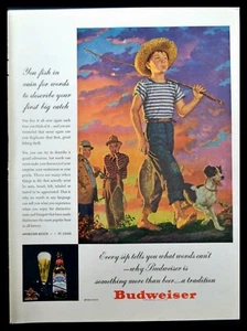 1946 BUDWEISER Beer Print Ad Young Boy & Dog FISHING theme - Bild 1 von 1