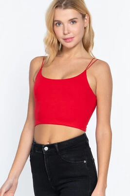 Women Round Neck Two Ply Knit Cami Crop Top Double Elastic Strap - Image 1 of 2