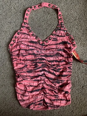LaROK Women's Runched Stripe Splatter Pink Print Halter Top Small - Image 1 of 3