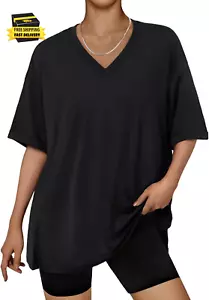 Oversized Tshirts for Women Workout plus Size Tops V Neck Short Sleeve Gym Shirt - Picture 1 of 5